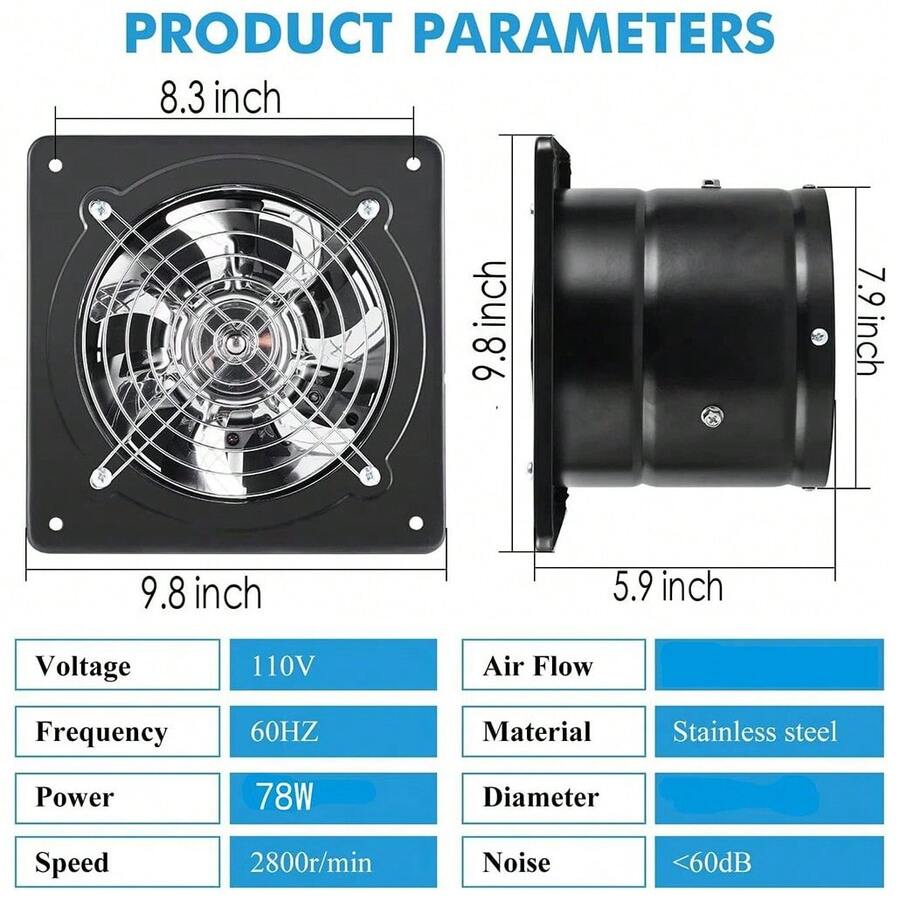 8" Exhaust Fan Stainless Steel Ventilation Extractor Fan 110V Wall-Mounted Blower Duct Fan With Backdraft Damper For Kitchen, Bathroom, Basement, Laundry Room ,Toilets, Garage, Shopping Mall And Office