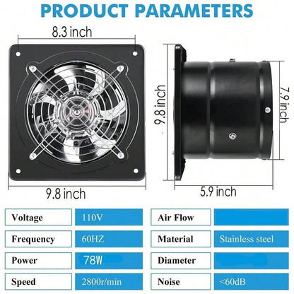 8" Exhaust Fan Stainless Steel Ventilation Extractor Fan 110V Wall-Mounted Blower Duct Fan With Backdraft Damper For Kitchen, Bathroom, Basement, Laundry Room ,Toilets, Garage, Shopping Mall And Office