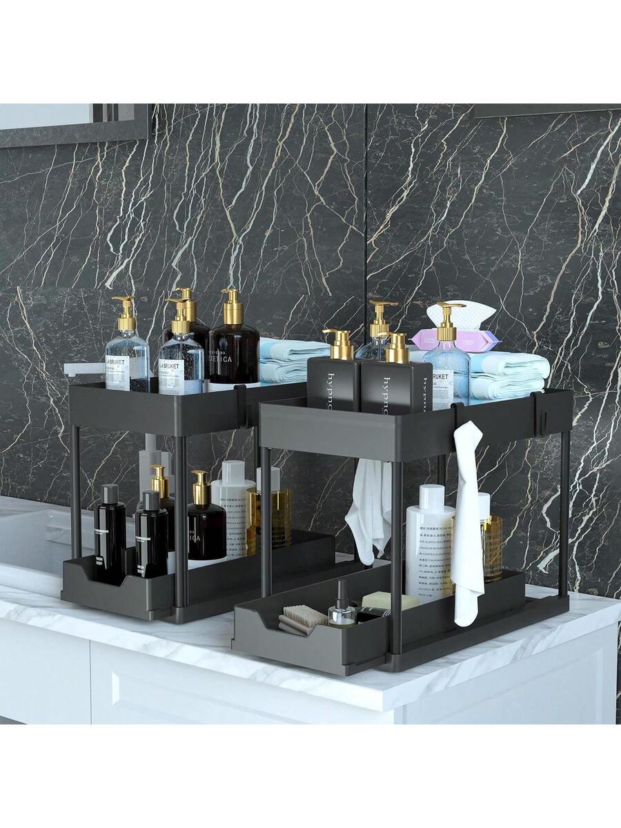 2-Tier Sliding Under-Sink Organizer with Hooks — product image 3