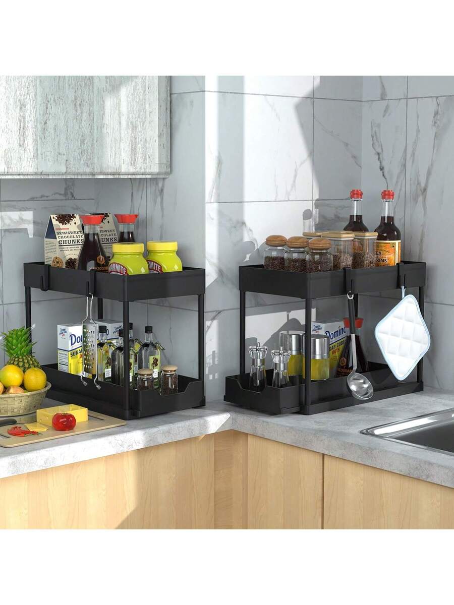 2-Tier Sliding Under-Sink Organizer with Hooks — product image 5