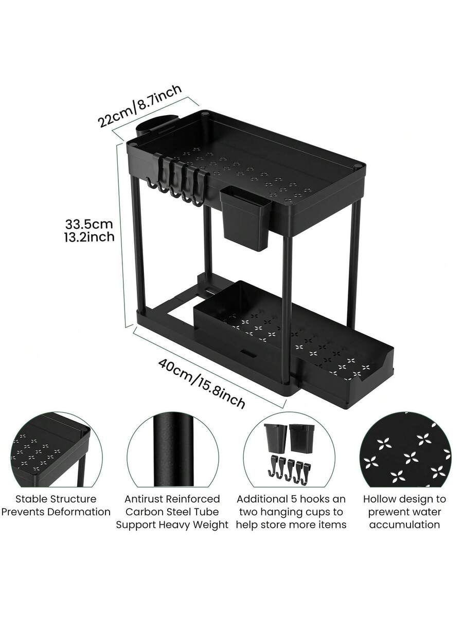 2-Tier Sliding Under-Sink Organizer with Hooks — product image 4