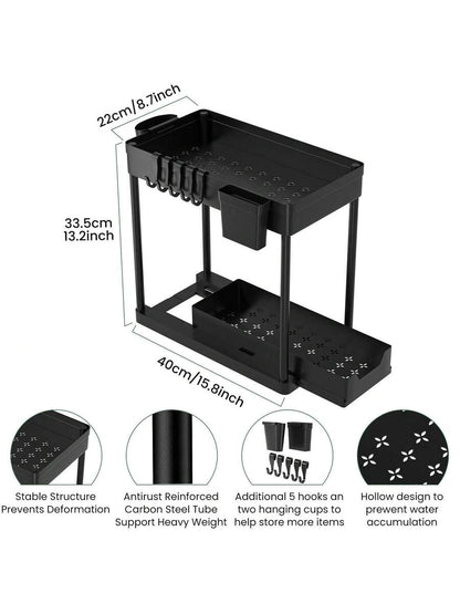 2-Tier Sliding Under-Sink Organizer with Hooks — product image 4