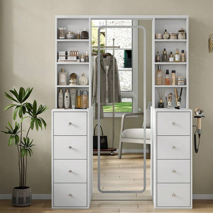 65''Makeup Vanity With Full Length Mirror & Lights, Vanity Desk With Power Outlet, 8 Drawers, Vanity With 8 Shelves & 3 Color Dimmable LED Lighting