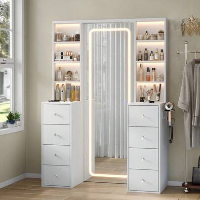 65''Makeup Vanity With Full Length Mirror & Lights, Vanity Desk With Power Outlet, 8 Drawers, Vanity With 8 Shelves & 3 Color Dimmable LED Lighting