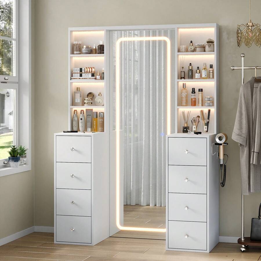 65''Makeup Vanity With Full Length Mirror & Lights, Vanity Desk With Power Outlet, 8 Drawers, Vanity With 8 Shelves & 3 Color Dimmable LED Lighting