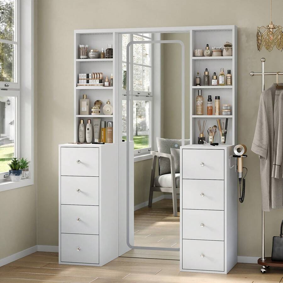 65''Makeup Vanity With Full Length Mirror & Lights, Vanity Desk With Power Outlet, 8 Drawers, Vanity With 8 Shelves & 3 Color Dimmable LED Lighting