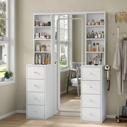 65''Makeup Vanity With Full Length Mirror & Lights, Vanity Desk With Power Outlet, 8 Drawers, Vanity With 8 Shelves & 3 Color Dimmable LED Lighting