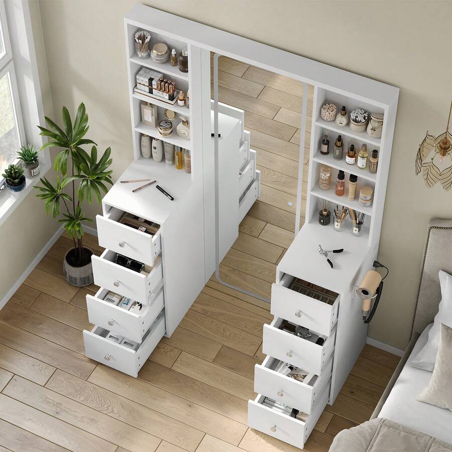 65''Makeup Vanity With Full Length Mirror & Lights, Vanity Desk With Power Outlet, 8 Drawers, Vanity With 8 Shelves & 3 Color Dimmable LED Lighting