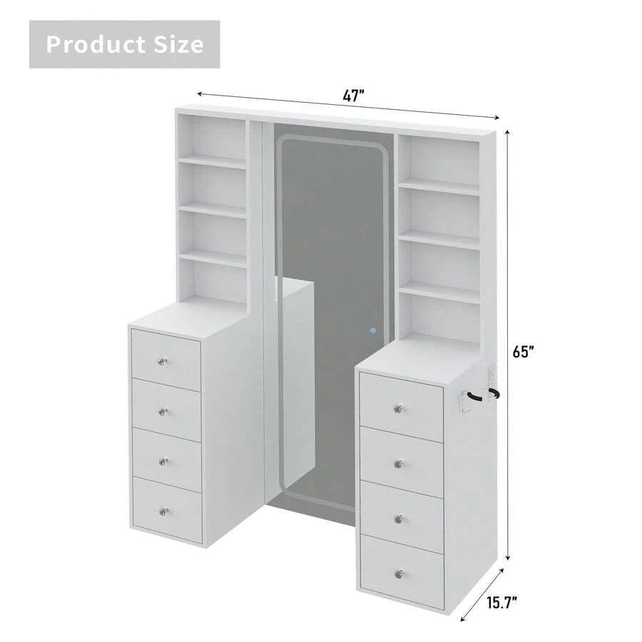 65''Makeup Vanity With Full Length Mirror & Lights, Vanity Desk With Power Outlet, 8 Drawers, Vanity With 8 Shelves & 3 Color Dimmable LED Lighting