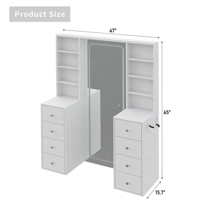 65''Makeup Vanity With Full Length Mirror & Lights, Vanity Desk With Power Outlet, 8 Drawers, Vanity With 8 Shelves & 3 Color Dimmable LED Lighting