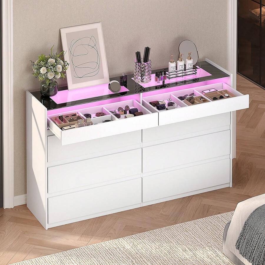 8 Drawers Closet Island With Tempered Glass Top, Walk-In Closet Island & Dresser With Jewelry Storage, Bedroom Storage Cabinet For Closet, Cloakroom, White