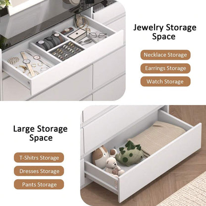 8 Drawers Closet Island With Tempered Glass Top, Walk-In Closet Island & Dresser With Jewelry Storage, Bedroom Storage Cabinet For Closet, Cloakroom, White