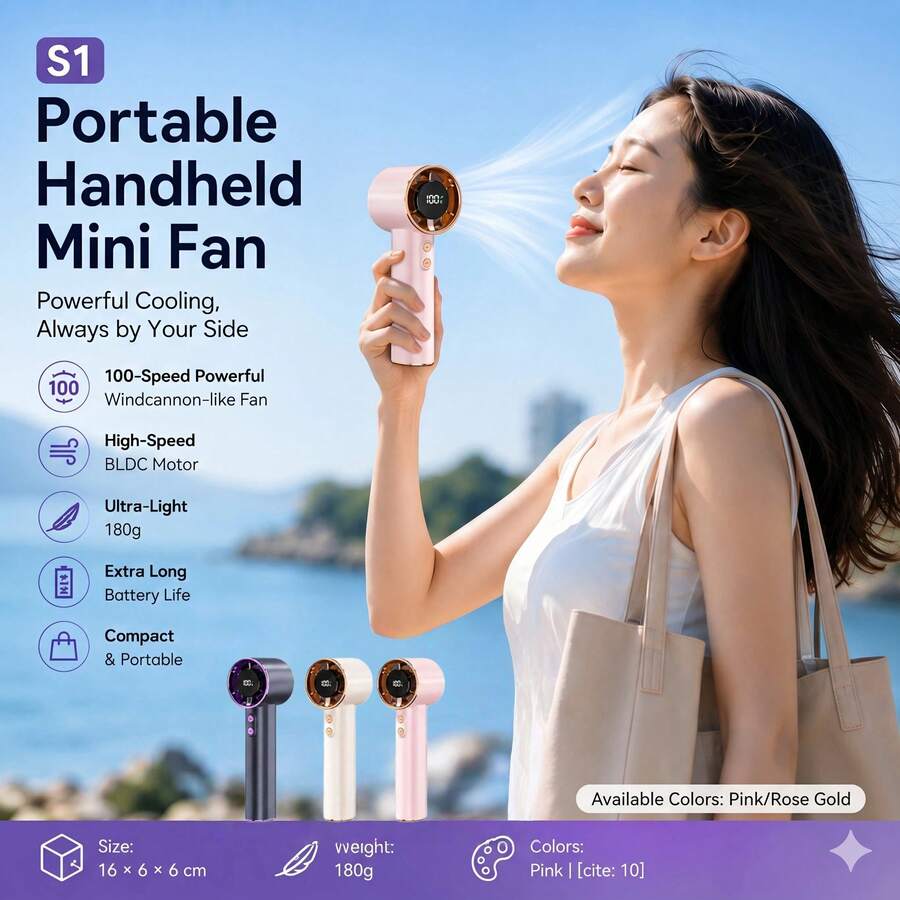 Pink Portable Handheld Mini Fan With Rose Gold Rhinestone Bezel, Adjustable Personal Air Cooler Digital Display, USB Rechargeable Pocket Fan For Home Office Outdoor, Charging With Original Included Cable